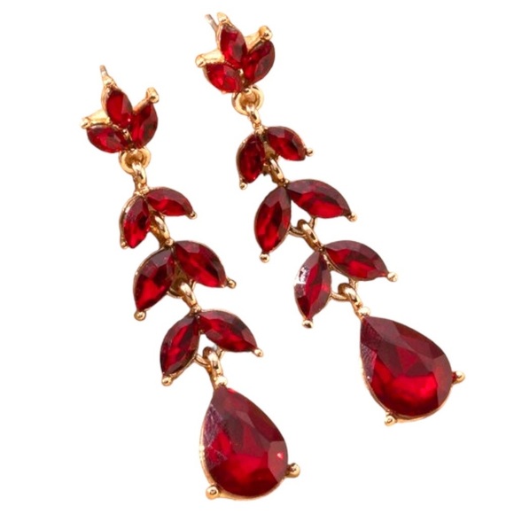 Red Earrings Red Vine Leaf Earrings Crystal Rhinestone Dangle Earrings - Picture 1 of 7
